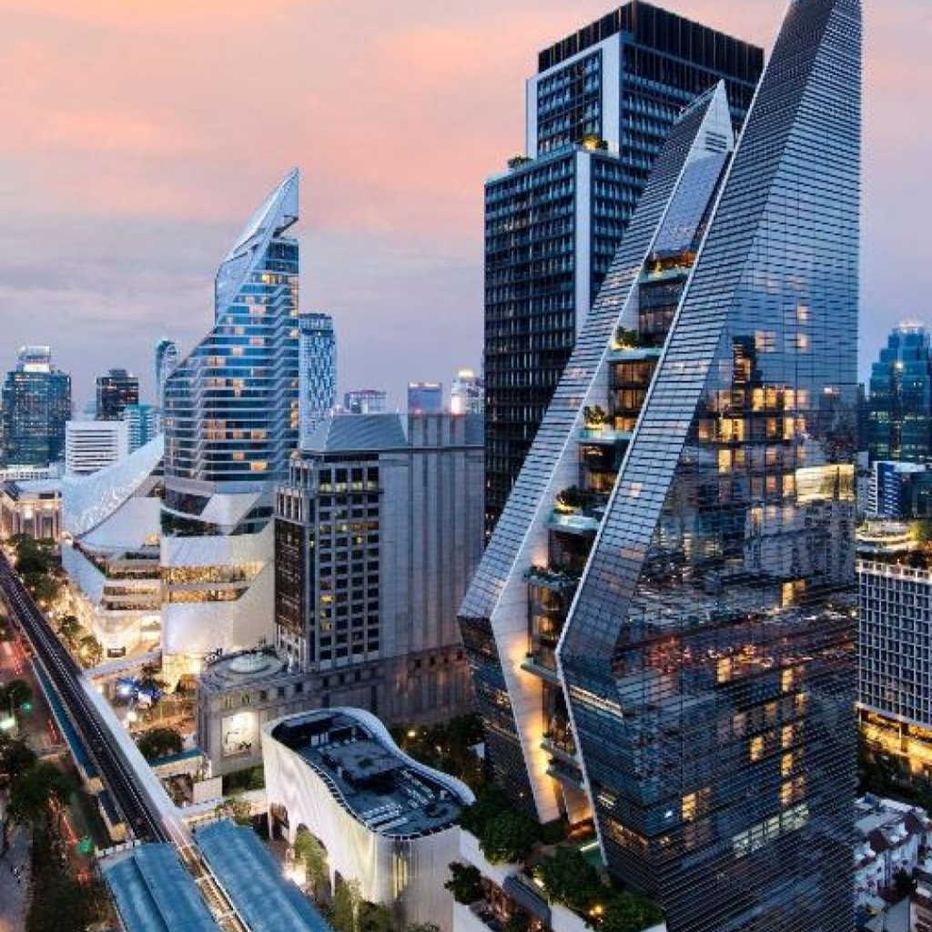 Rosewood Bangkok tower exterior on Ploenchit Road, central Bangkok